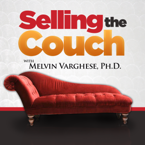 a red couch with the words "Selling The Couch" and "Melvin Varghese PhD"